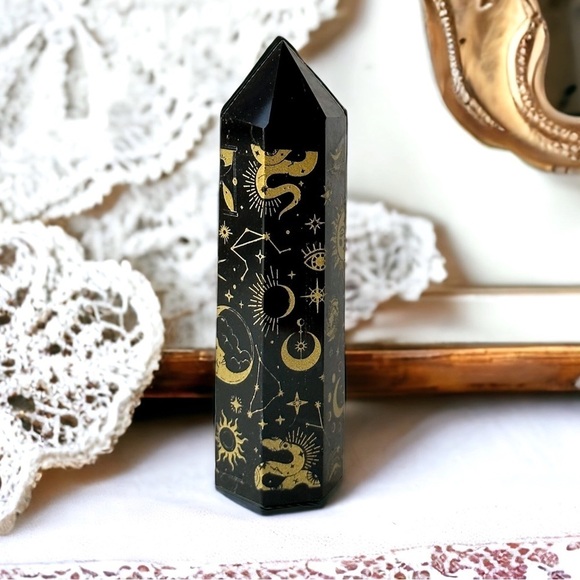 BLACK Obsidian Gold Cosmic Symbols Protection Crystal Obelisk Towers - Picture 2 of 4